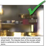 Correct division between pallet fork and roller. The impulse pin (roller jewel) has full engagement within the fork slot, and the guard pin is centered on the safety roller.