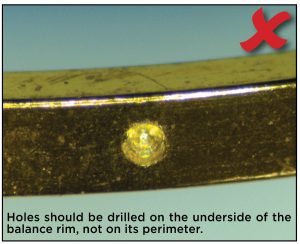 Holes should be drilled on the underside of the balance rim, not on its perimeter.
